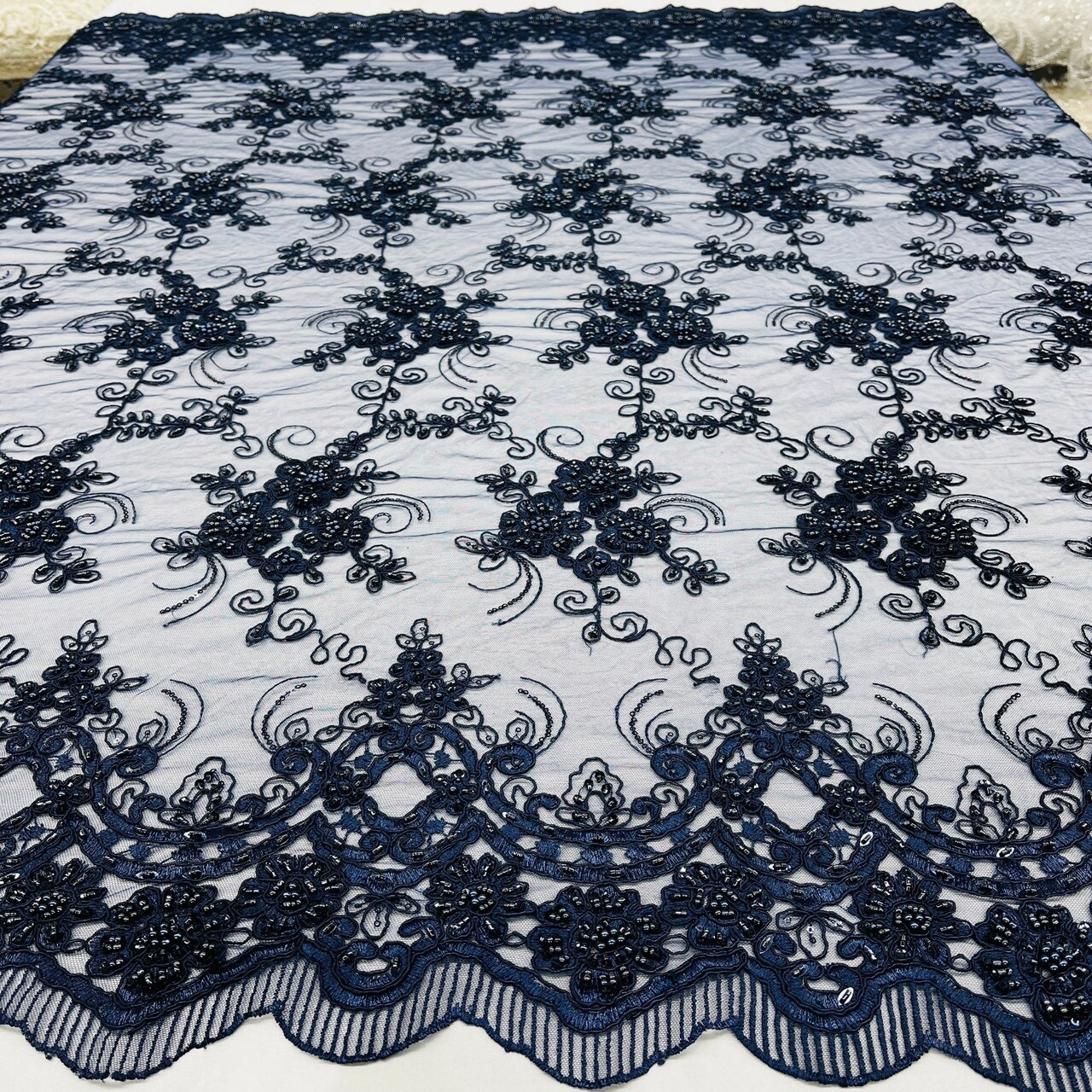 1 Yard Elegant Beaded and Corded Bridal Lace Fabric Embroidered on 100% Polyester Net Mesh 51" Width